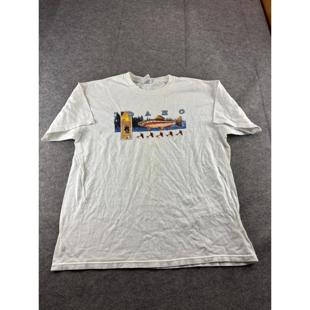 VTG Anvil Idaho Fly Fishing Rainbow Trout Graphic T-Shirt White XL Granola SEE